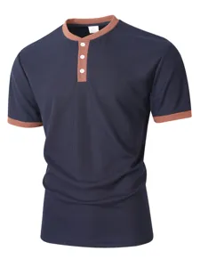 Detail view of the contrast color Henley collar waffle knit short sleeve men shirt top.