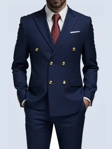Detail view of men's navy blue double breasted suit jacket with elegant gold metal buttons.