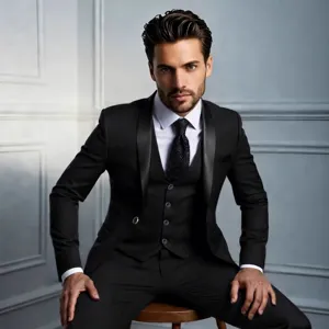Detailed view of the elegant black 3-piece tuxedo suit featuring a sophisticated shawl lapel.