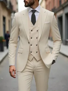 Heren beige driedelig pak slim fit dubbelrijig zakelijk trouw tuxedo blazer set