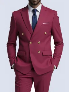 Men's burgundy double breasted suit jacket with gold buttons and elegant business style.
