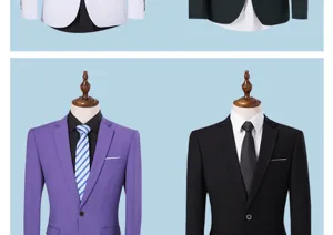 Herren Slim Fit Ein-Knopf-Anzug Detail zeigt verschiedene Farben und feine Verarbeitung.