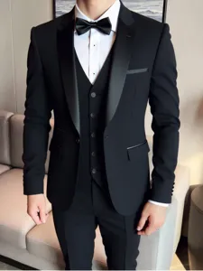 Men's slim fit tuxedo suit three piece set with shawl lapel, perfect for wedding groom.