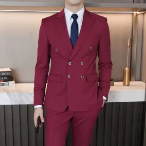 Detail shot of burgundy double breasted men suit, refined tailored fit for business formal wear.