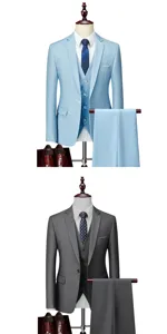 Men's business casual suit set detail view showing coat, vest, and trousers options.