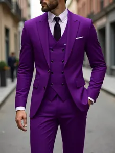 Men's purple 3-piece slim fit suit detail featuring a double-breasted vest and jacket.