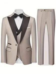 Men's 3-piece business wedding suit set with jacket vest and trousers for formal events.