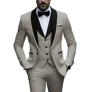 Men's beige three-piece slim fit suit detail, black lapel tuxedo jacket vest and trousers set.