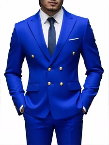 Close-up detail of men's royal blue double-breasted suit jacket with shiny gold buttons.