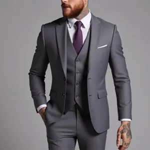 Detailopname van grijs driedelig herenpak op maat gemaakte lapel knopen premium stof
