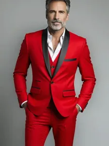 Men's red three piece suit slim fit business wedding groom tuxedo blazer vest and pants.