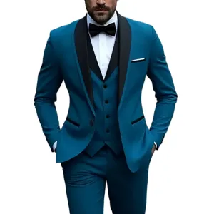 Men's slim fit three-piece suit turquoise wedding tuxedo jacket vest and trousers set