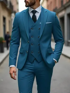 Heren driedelig pak business elegant slim fit blazer gilet broek trouwurk detail