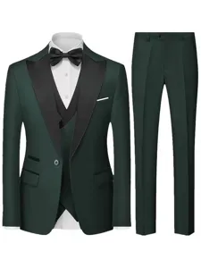 Dark green mens 3-piece tuxedo suit detail view, featuring classic lapel jacket, vest, and trousers.
