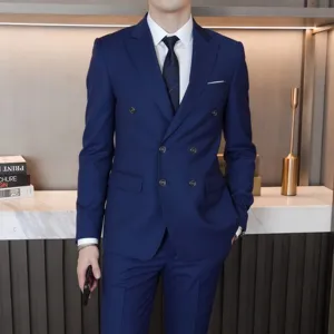 Men royal blue double breasted suit business formal wear set gentleman style jacket pants