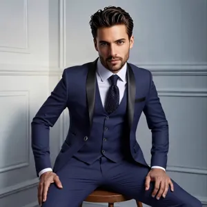 Detailed close-up shot of men's blue three-piece wedding tuxedo with elegant shawl lapel.