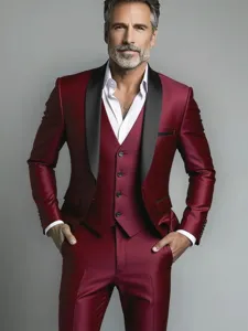 Men's burgundy three-piece business slim suit, elegant groom wedding tuxedo for formal wear.