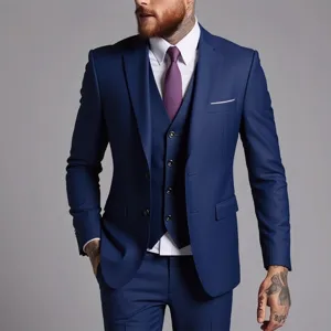 Detail van koningsblauw driedelig pak voor heren, getailleerde blazer, vest en broek.
