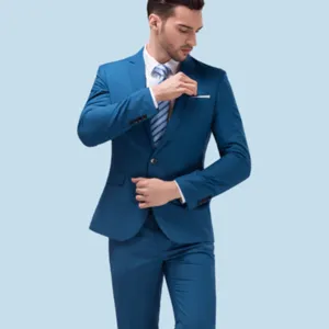 Gedetailleerd overzicht van het slanke blauwe herenbusinesspak met stijlvolle snit.