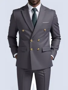 Men's double breasted grey suit jacket with gold buttons, stylish business casual fit.