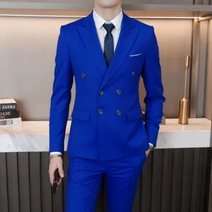 Detail view of the royal blue double breasted men suit, elegant business formal wear set.