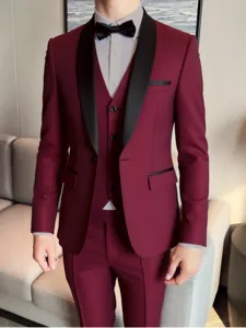 Detail view of men wine red three piece suit, slim fit shawl lapel groom wedding blazer set.