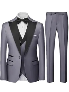 Grey 3-piece men suit detail view, black lapel tuxedo jacket, vest, and trousers.
