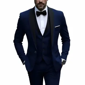 Men's Navy Blue 3-Piece Tuxedo Suit Set Slim Fit Groom Wedding Formal Wear Detail View