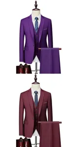 Men's business casual suit three-piece set detail, featuring stylish purple and burgundy color options.