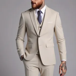Heren beige 3-delig pak detailweergave, slim fit zakelijk formele jas vest broek das.