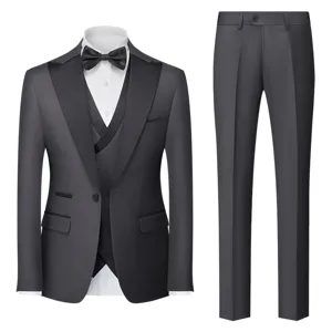 Men three-piece formal suit set in dark grey, featuring jacket, vest, shirt and matching trousers.