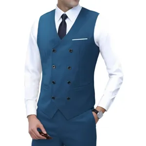Gedetailleerd overzicht van het slim fit dubbelknoops kostuumvest met pochet en stropdas.