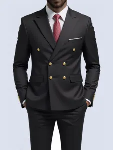 Men's black double-breasted suit jacket with gold buttons formal business blazer top.