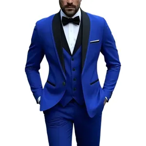 Men's royal blue three-piece suit slim fit groom wedding tuxedo jacket vest pants