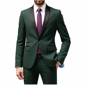 Men slim fit dark green two-piece suit with black shawl lapel for wedding formal event.