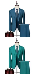 Detail view of the men's 3-piece suit close-up showcasing fabric texture, buttons, and matching tie.