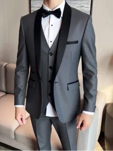 Men grey three piece suit with black shawl lapel, slim fit design for wedding formal detail.