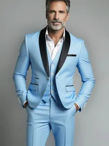 Men's Light Blue Three-Piece Suit Business Casual Wedding Groom Blazer Vest and Trousers