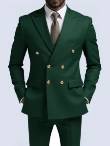 Close-up detail of men's dark green double-breasted suit jacket with shiny gold buttons.