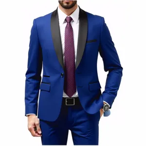 Men royal blue slim fit tuxedo suit two piece shawl lapel wedding groom prom blazer trousers