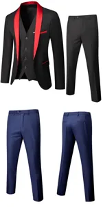 Vue détail de veste de costume pour homme avec gilet et pantalon en noir et bleu.