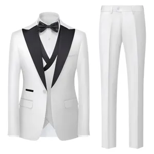 Men's white 3-piece formal suit with black lapel, elegant blazer, vest and trousers for weddings.