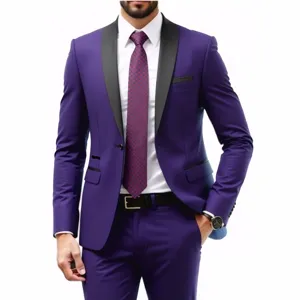 Men's purple suit two-piece set with black shawl lapel wedding groom tuxedo slim fit