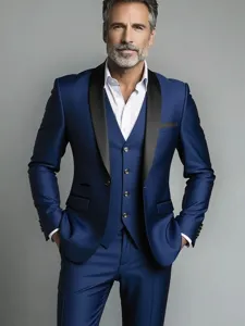 Men's royal blue 3-piece tuxedo suit with black shawl lapel for business and weddings.