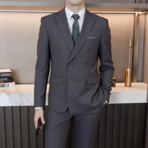 Men double breasted suit set business formal dark grey jacket trousers classic outfit.