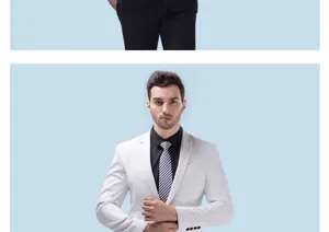 Detailaufnahme der stilvollen weißen Herrenanzugjacke mit schwarzem Hemd und Krawatte.