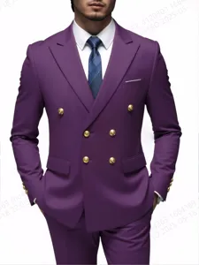 Men's purple double breasted suit jacket with gold buttons business casual blazer coat