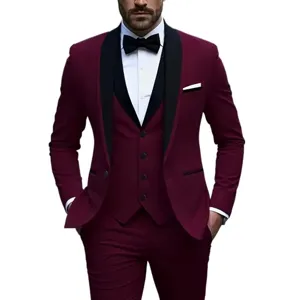 Men's slim fit burgundy 3 piece suit tuxedo set with black shawl lapel for wedding business.