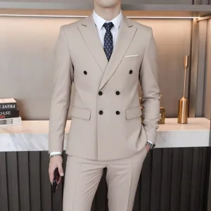 Men double breasted suit set business formal stylish attire detail view showing jacket and trousers.