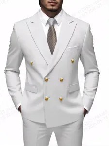 Men's double breasted white suit jacket business formal blazer with gold metal buttons